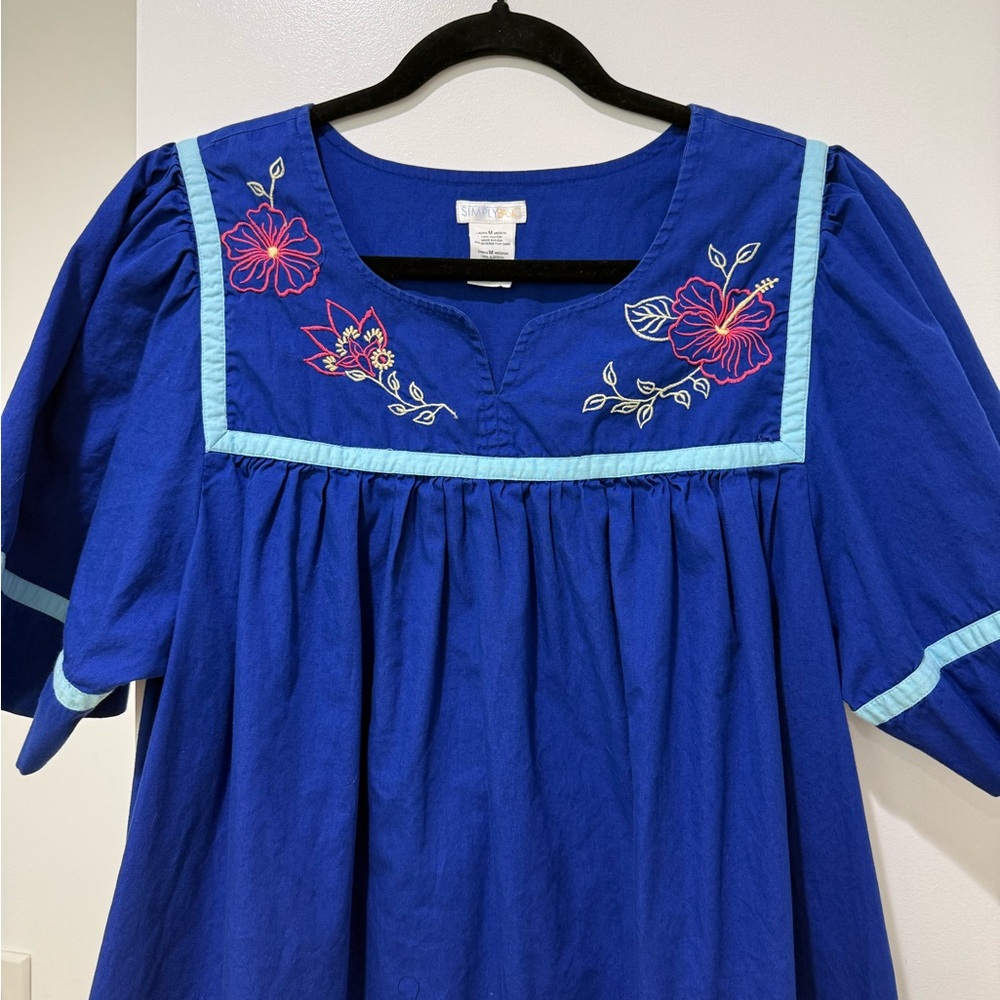 90s Cotton Vintage Blue Dress with Floral Embroidery